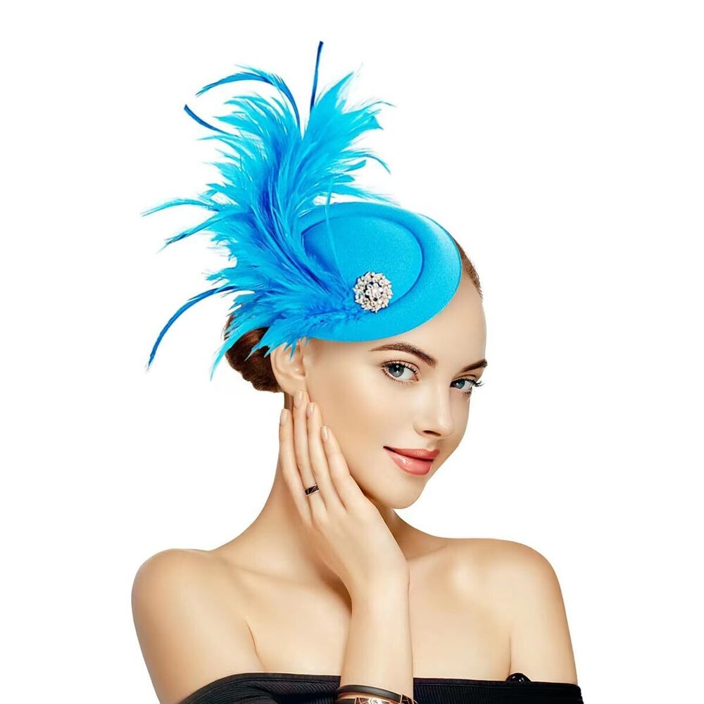 2559 Blue Fascinators Hat Feathers On A Headband And Clip 20s 50s Pillbox